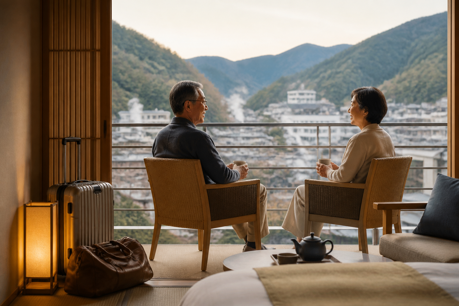 60代夫婦の温泉旅行をイメージした温泉街の風景