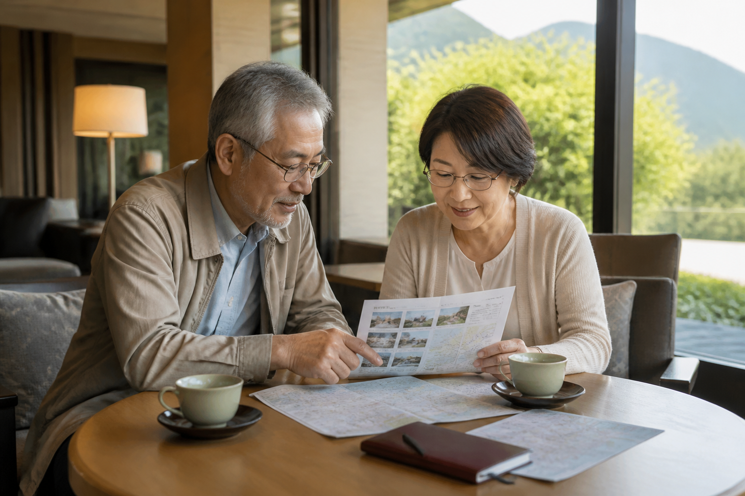 60代夫婦が温泉旅行の予定を確認している様子