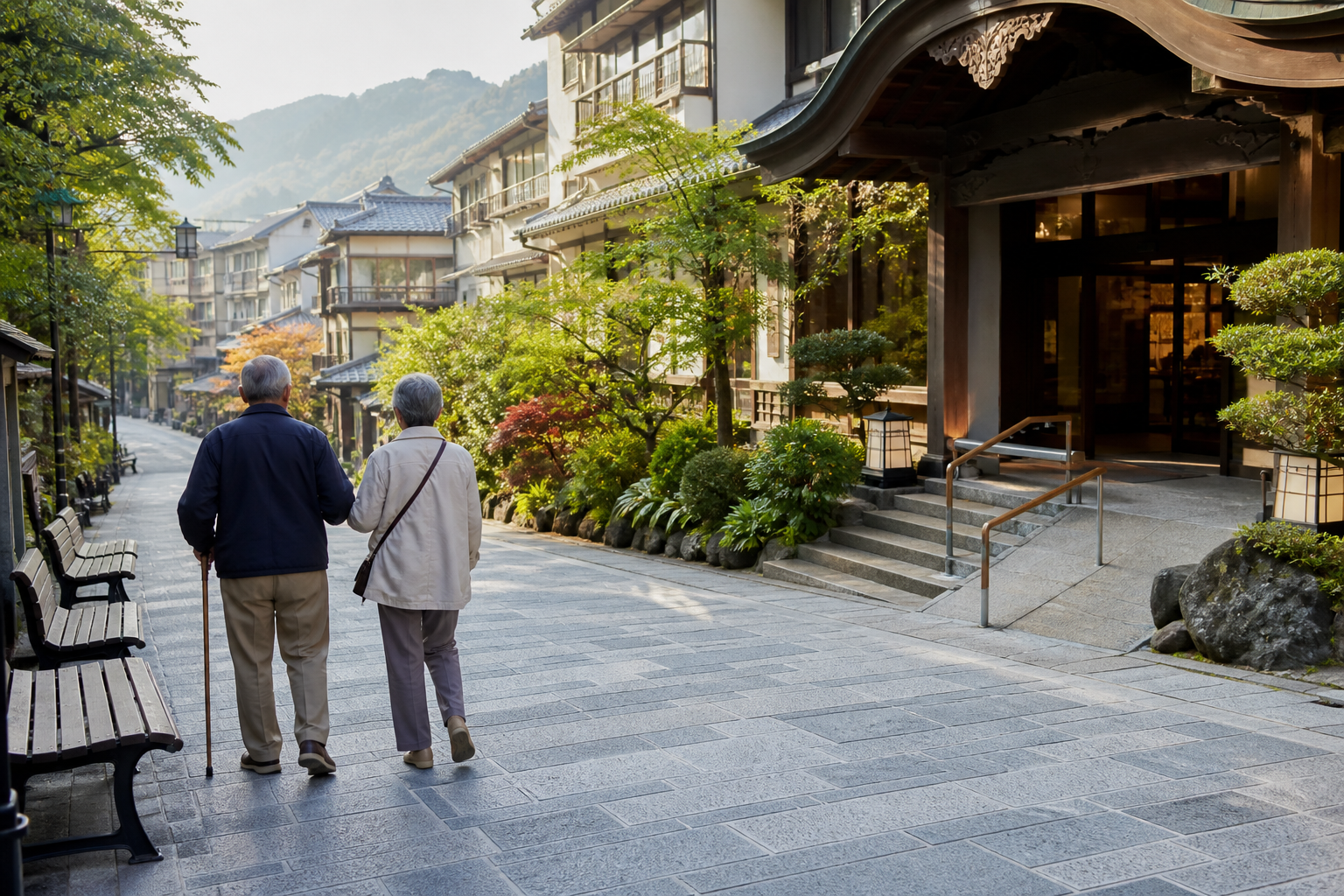 手すりとベンチがある温泉街を歩くシニア夫婦