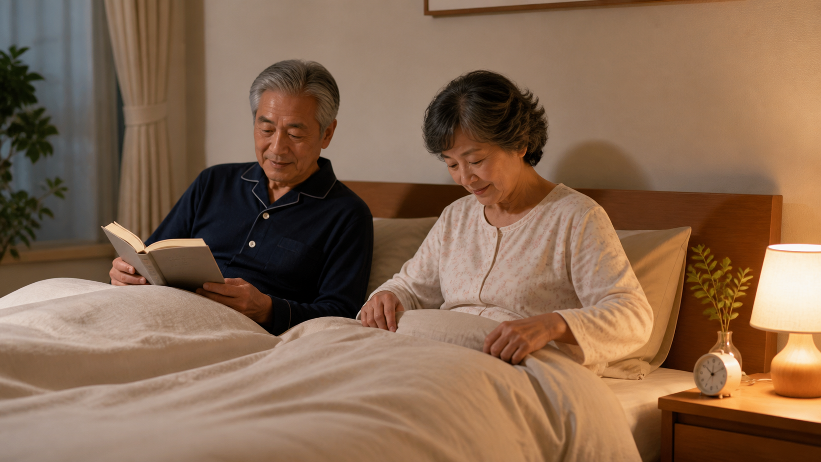 高齢者の夫婦が寝室で就寝前の習慣を整えている様子