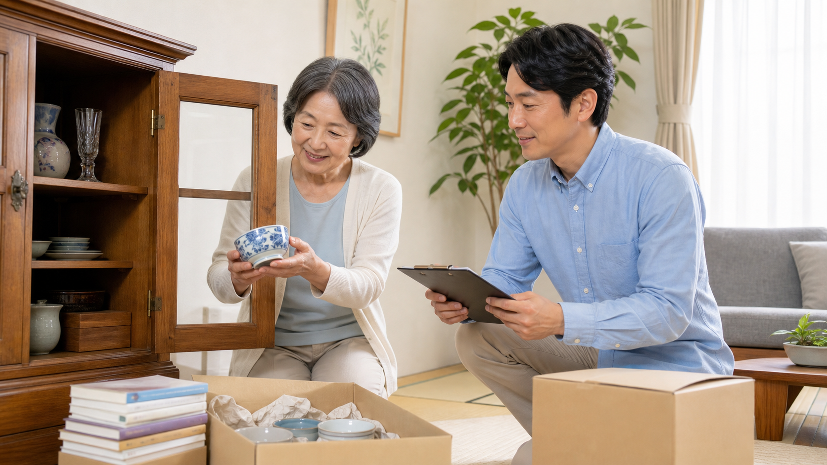 高齢の親と家族が食器棚の品物を出張買取の前に確認している様子