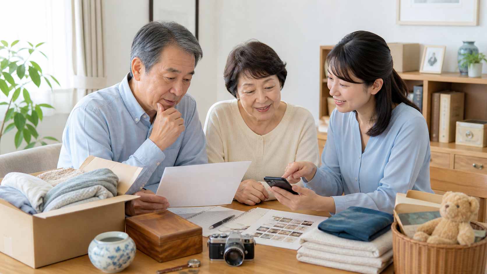 高齢の夫婦と家族が査定額と売却する品物を確認している様子