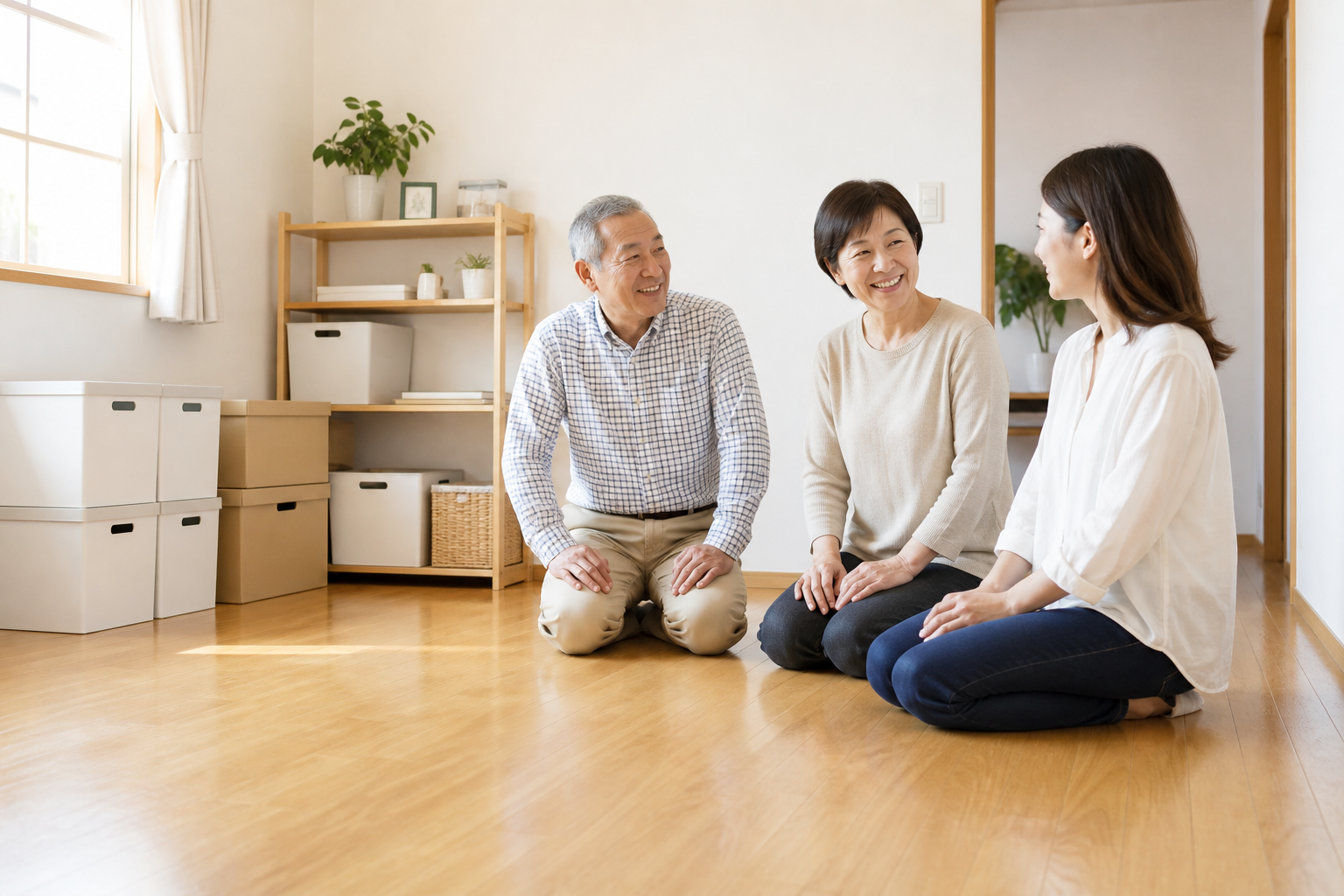 片付け後の明るい部屋で家族が確認している様子