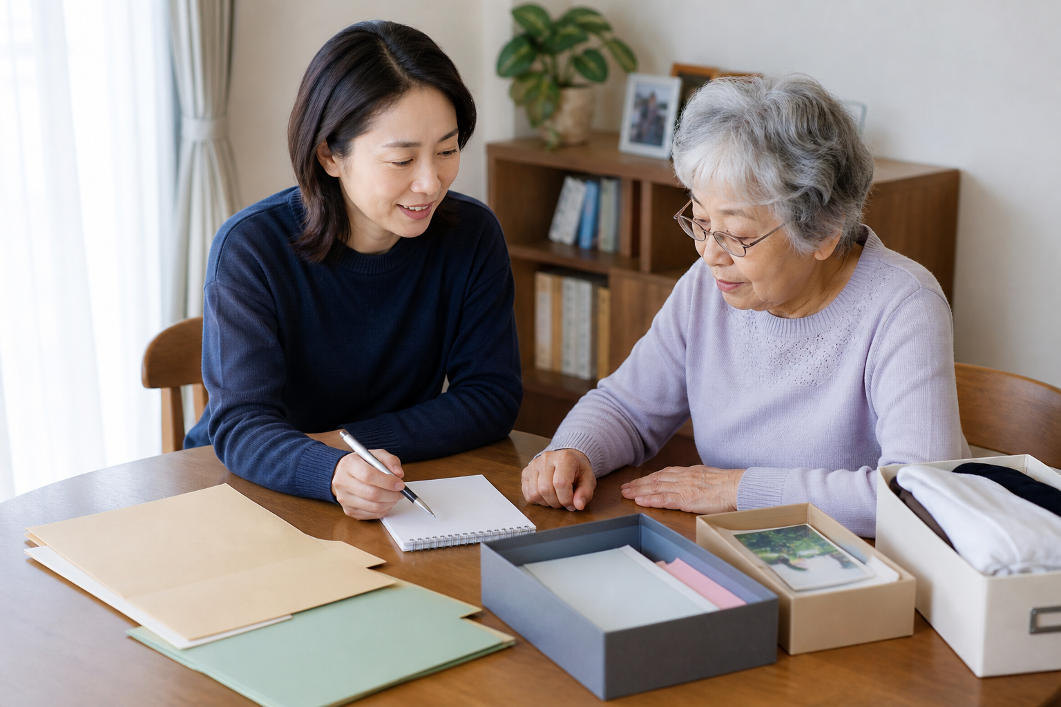 親子で実家の片付けに必要な物を確認している様子