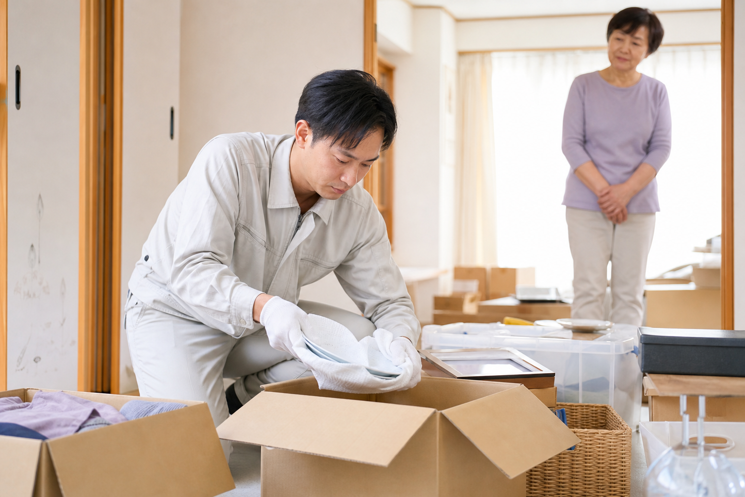 片付け業者が実家の荷物を仕分けしている様子