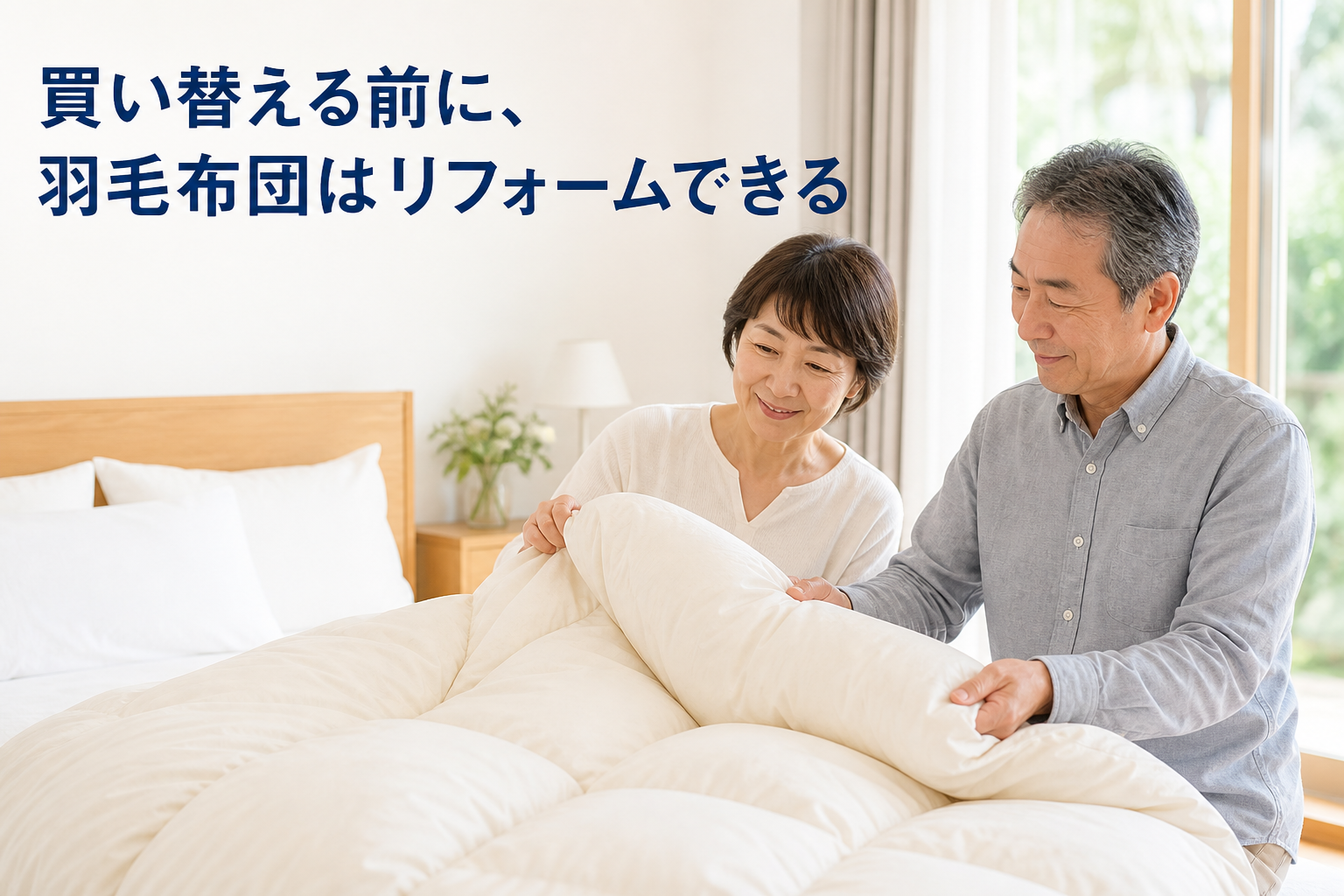 買い替え前に羽毛布団リフォームを検討するシニア夫婦