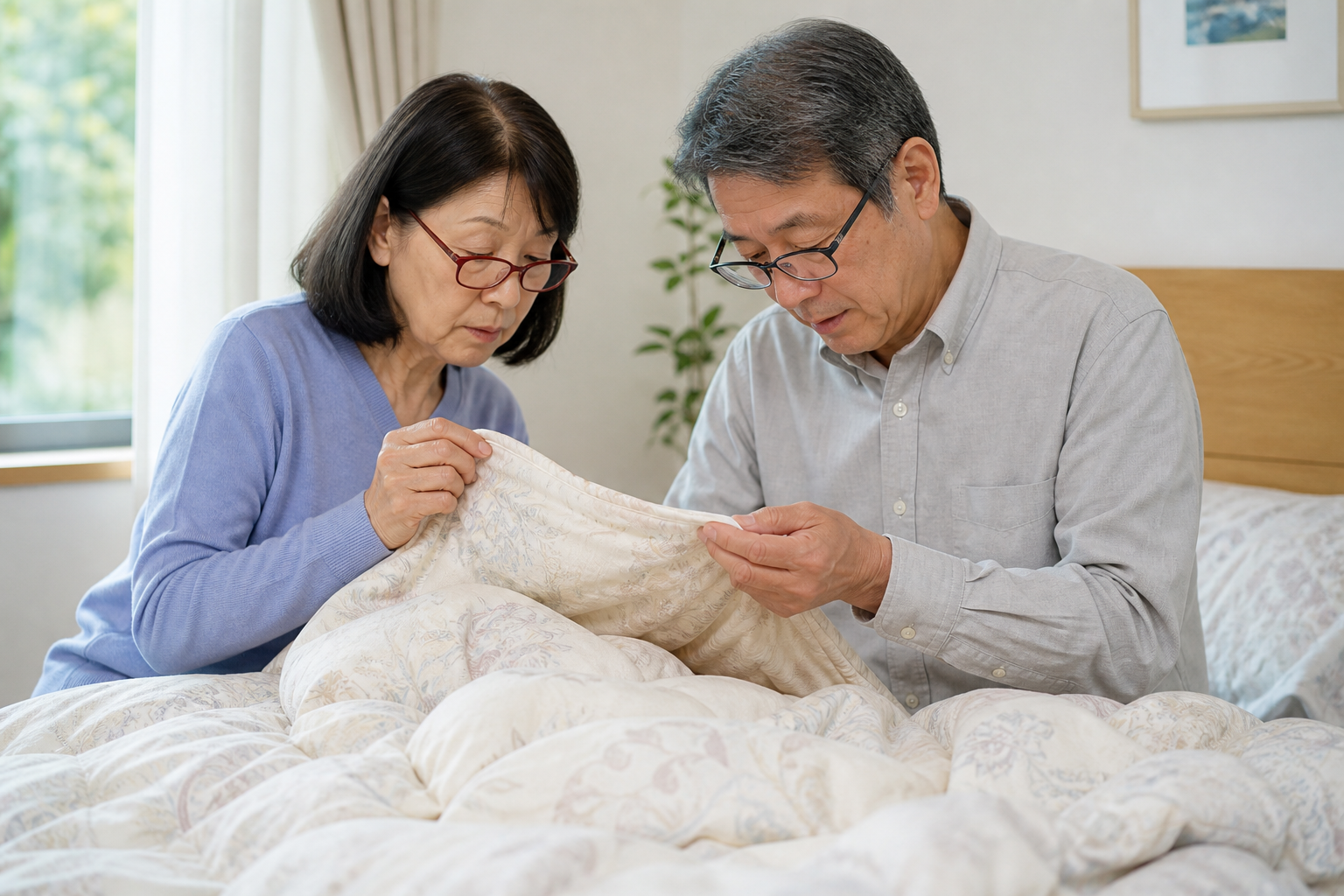シニア夫婦が羽毛布団の生地と状態を確認している様子