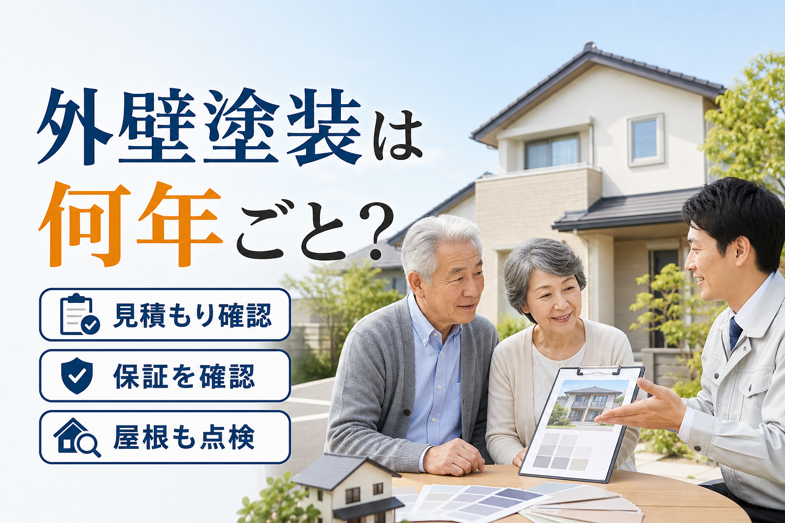 外壁塗装の塗り替え時期と見積もりを確認する高齢の夫婦