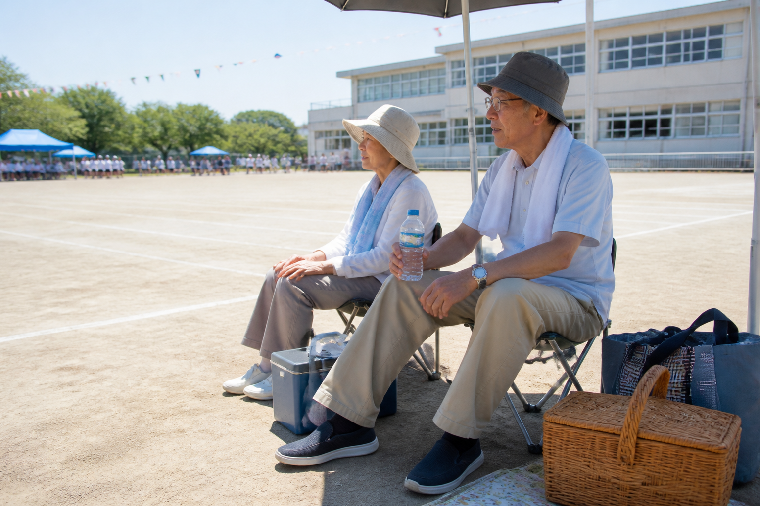 運動会やスポーツ観戦で折りたたみ椅子を置く場所を確認する様子