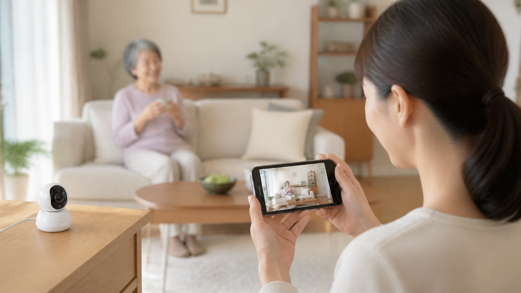 離れて暮らす家族がスマートフォンで高齢の親の室内を確認しているイメージ