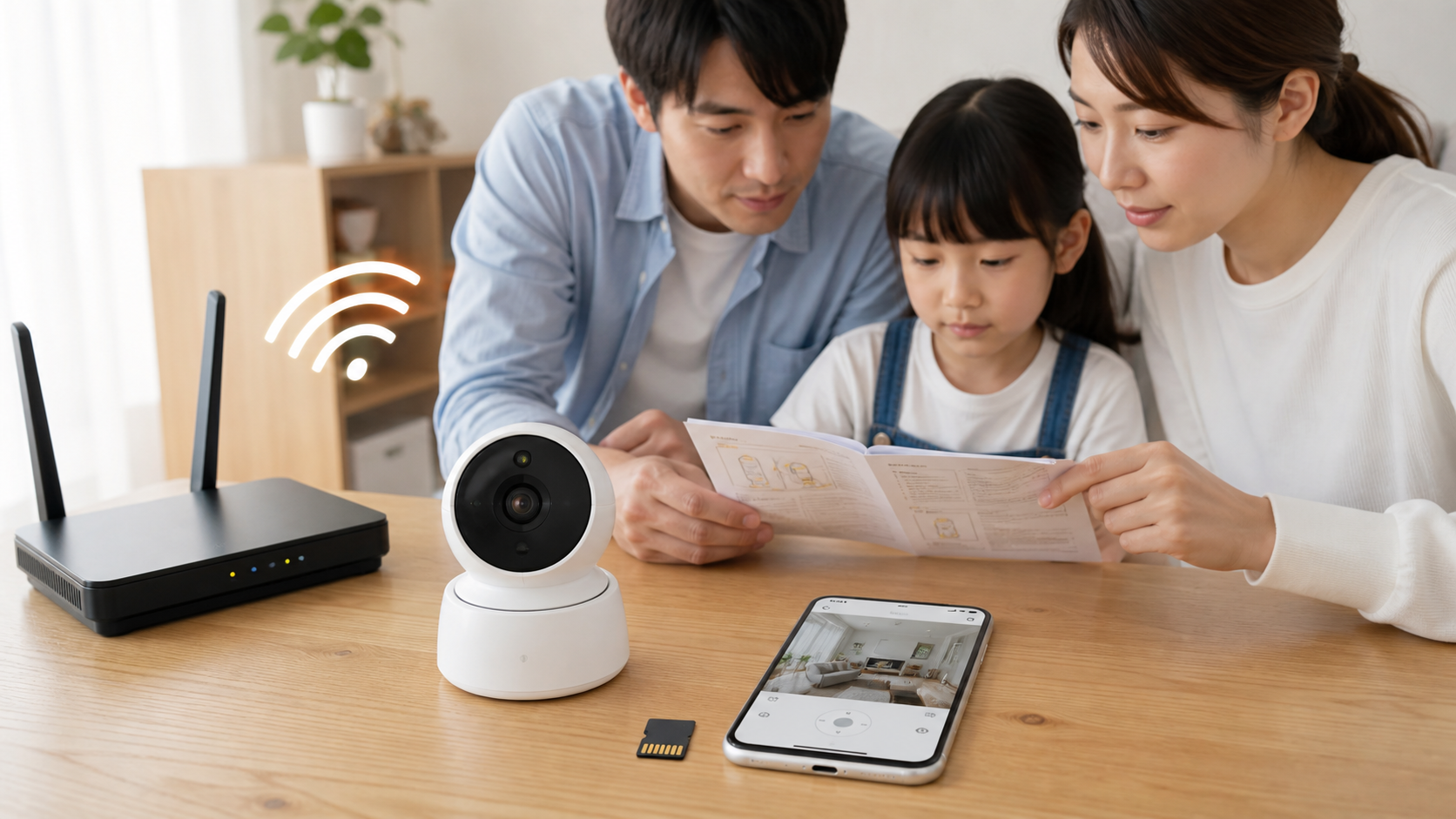 見守りカメラとWi-Fiルーターとスマートフォンを設定しているイメージ