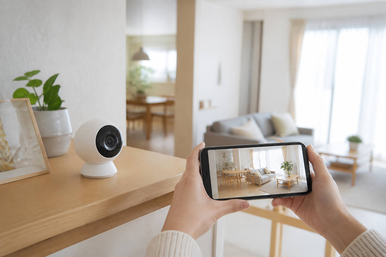 室内に設置した見守りカメラをスマートフォンで確認するイメージ