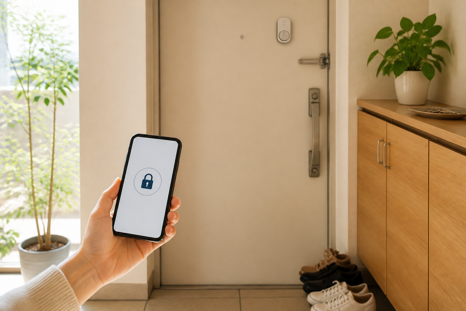 玄関ドアのスマートロックと施錠状態を示すスマートフォンのイメージ