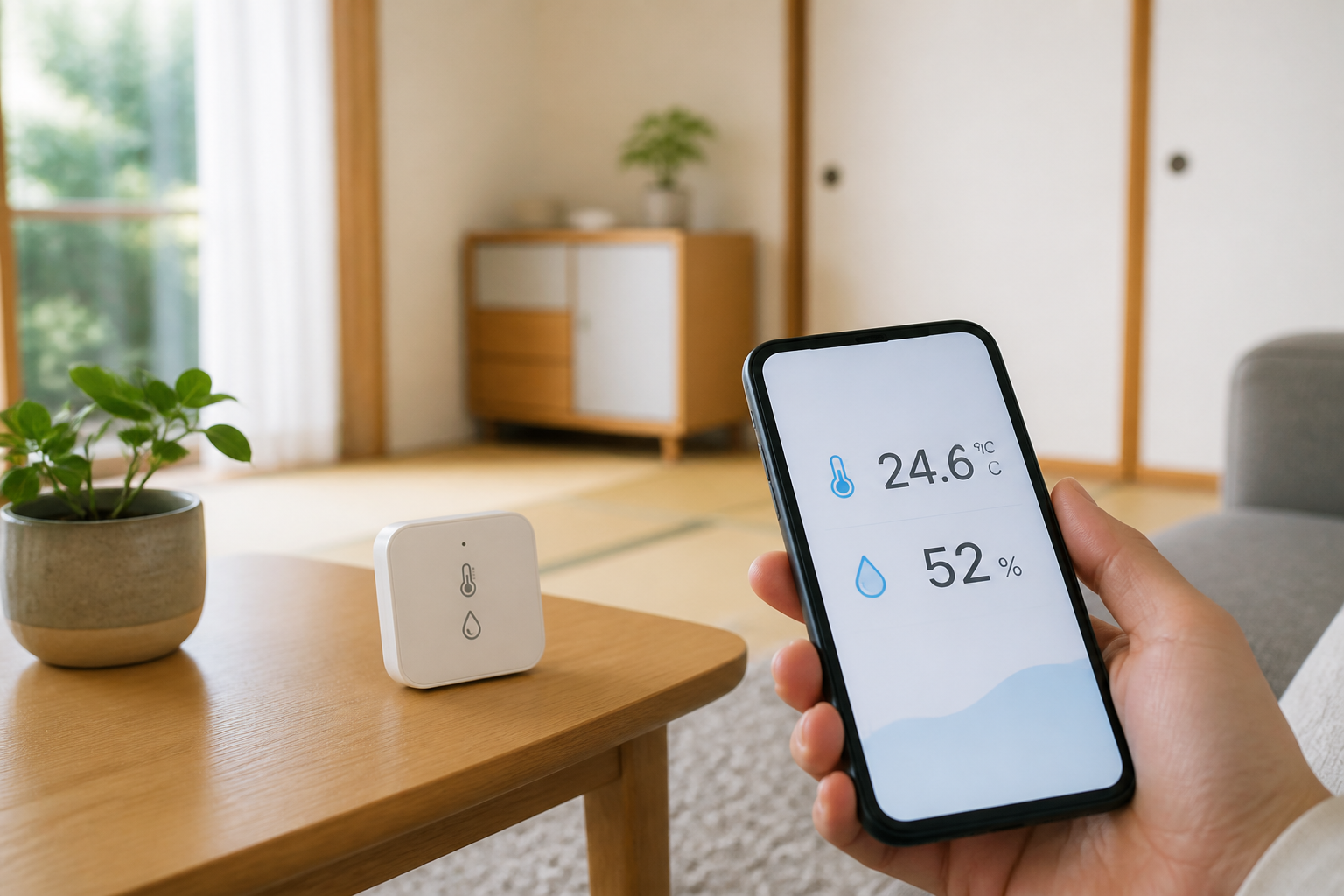 SwitchBotの温湿度計とスマートフォンで室温を確認するイメージ