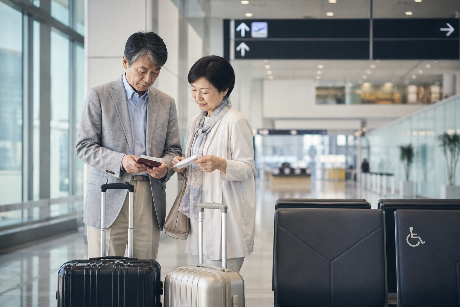 国際空港で搭乗券とパスポートを確認するシニア夫婦