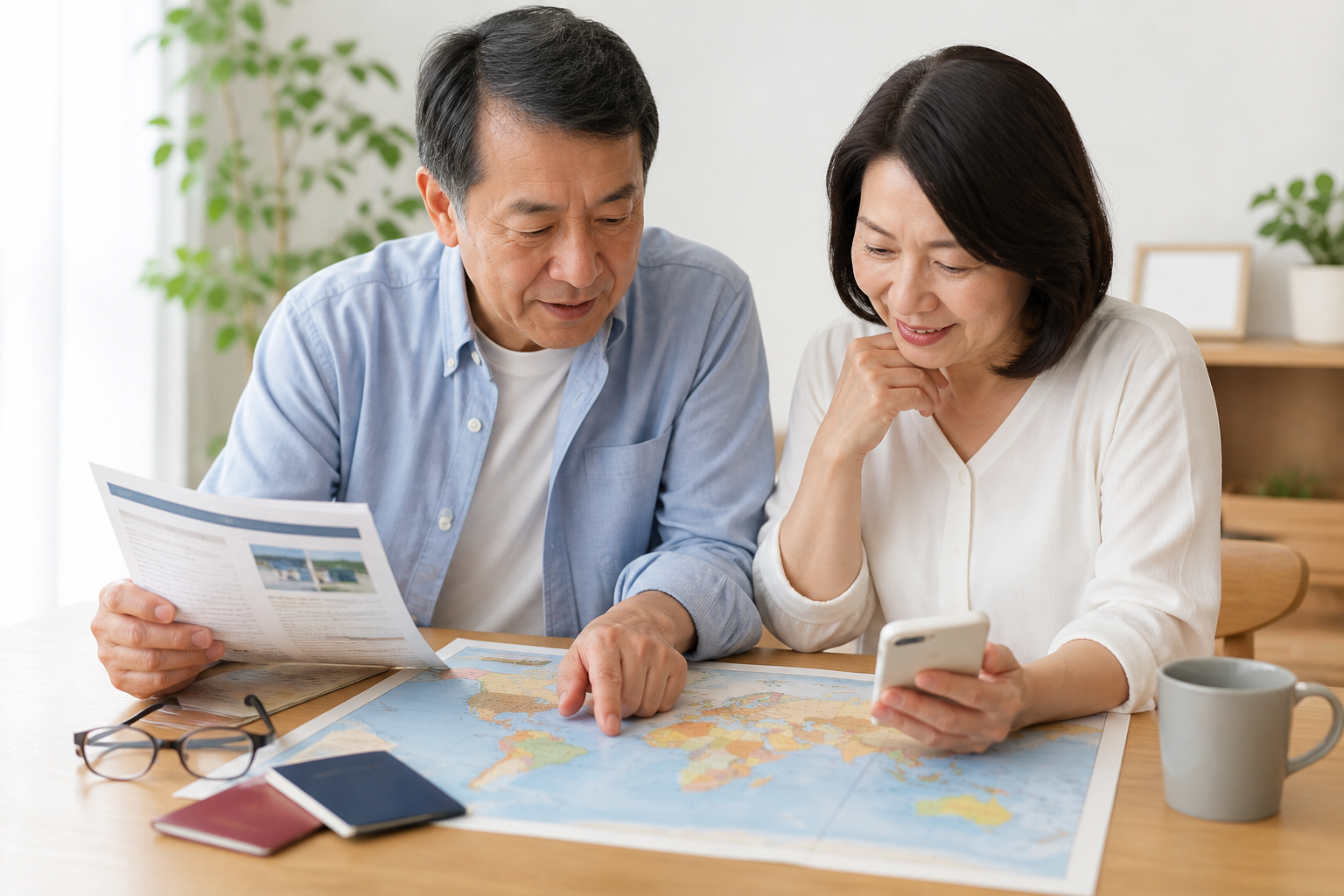 シニア夫婦が世界地図とパスポートを見ながら海外旅行を計画している様子