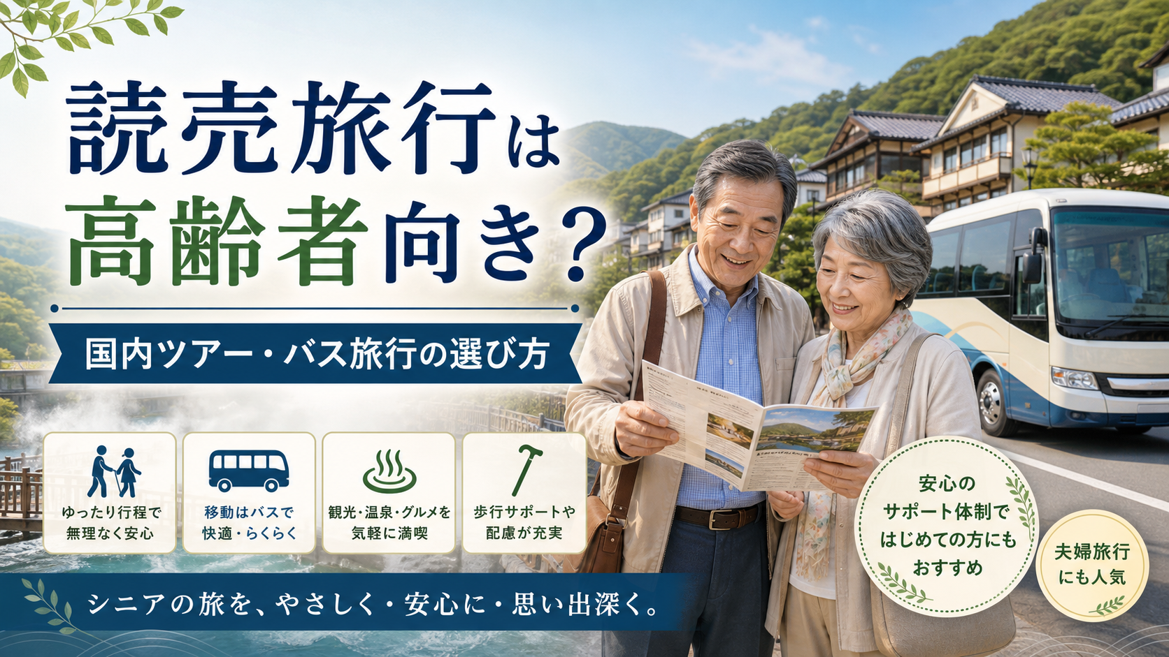 読売旅行の国内ツアーを検討するシニア夫婦と観光バス