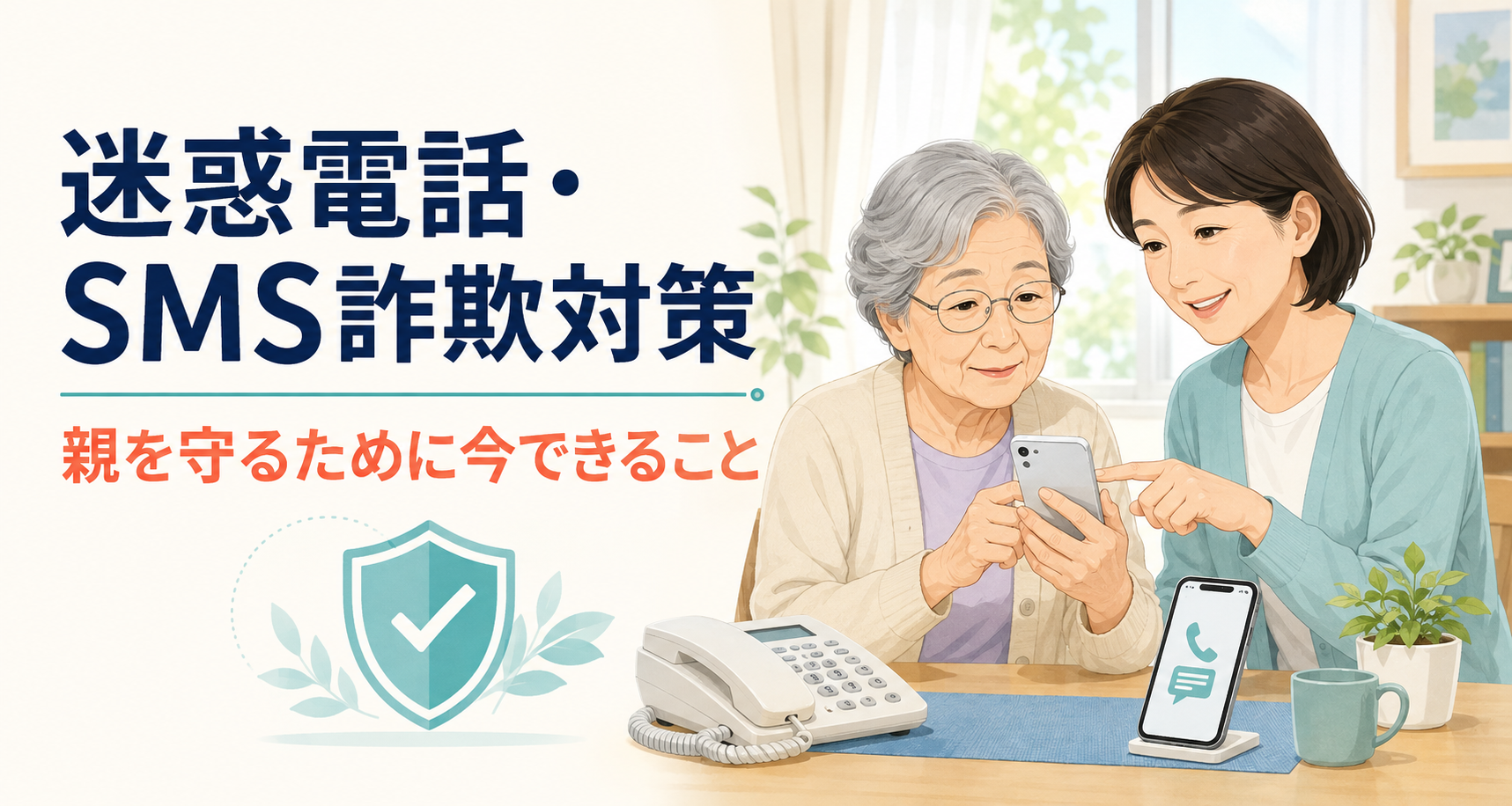 迷惑電話やSMS詐欺対策を確認する親子