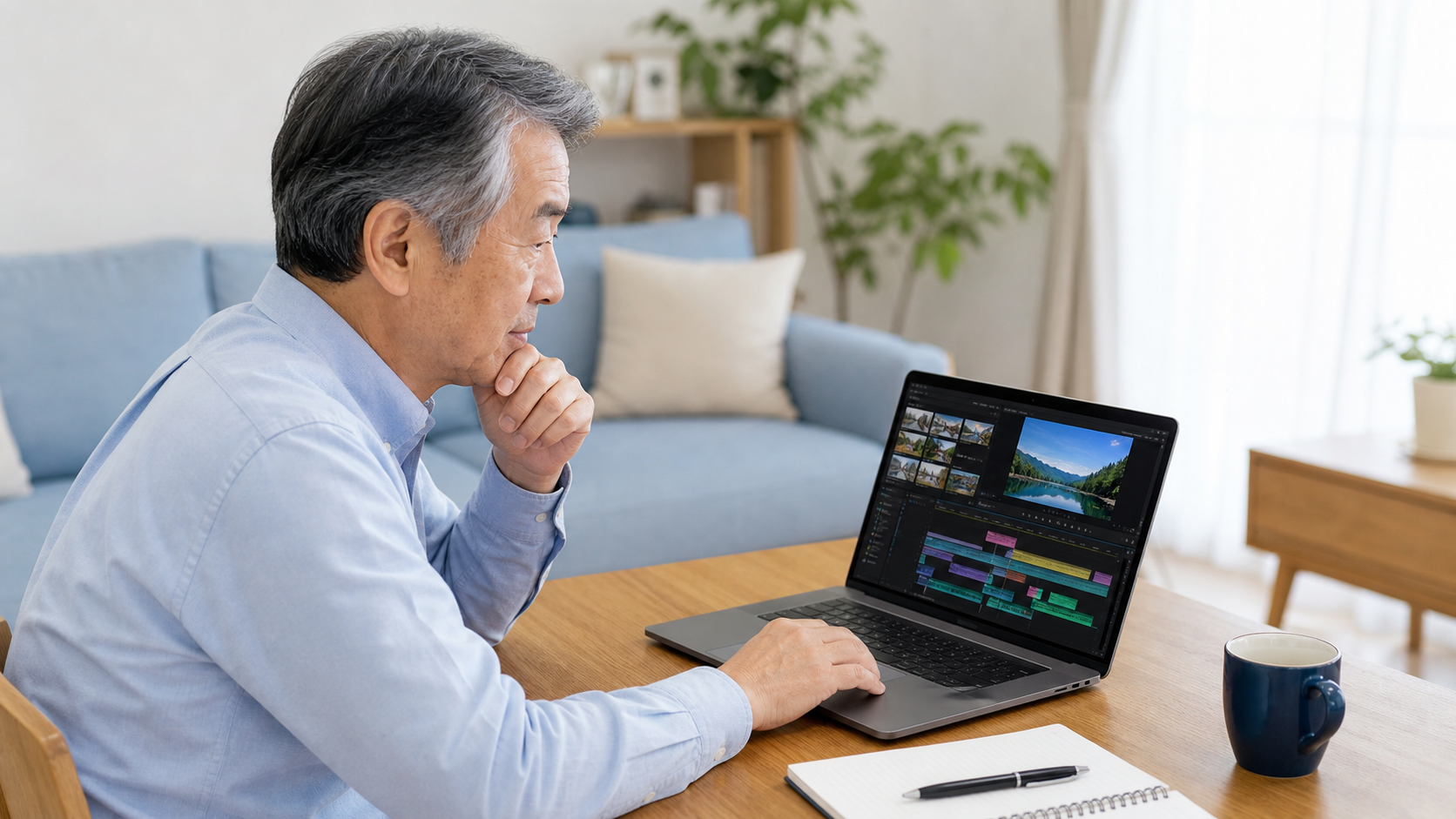 自宅で動画編集を学ぶシニア男性
