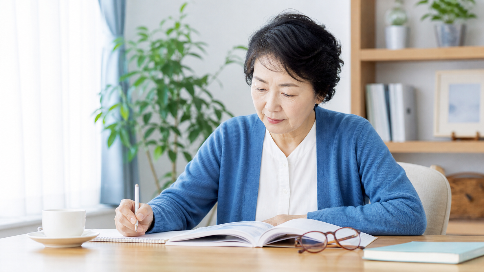 自宅で資格学習をするシニア女性