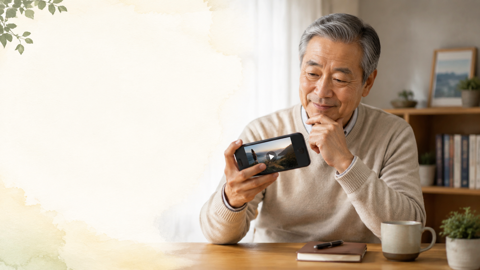 YouTubeサムネイルをスマートフォンで確認するシニア