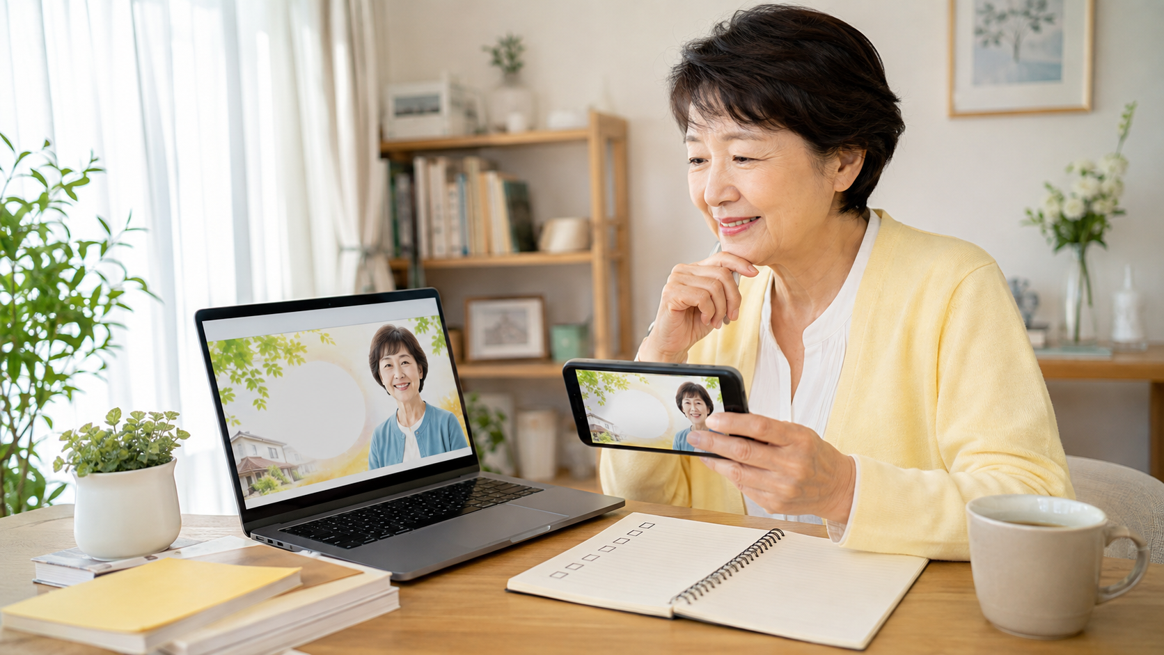 完成したYouTubeサムネイルを確認するシニア