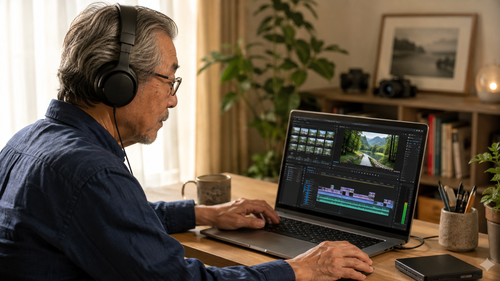 パソコンで動画編集ソフトを使うシニア