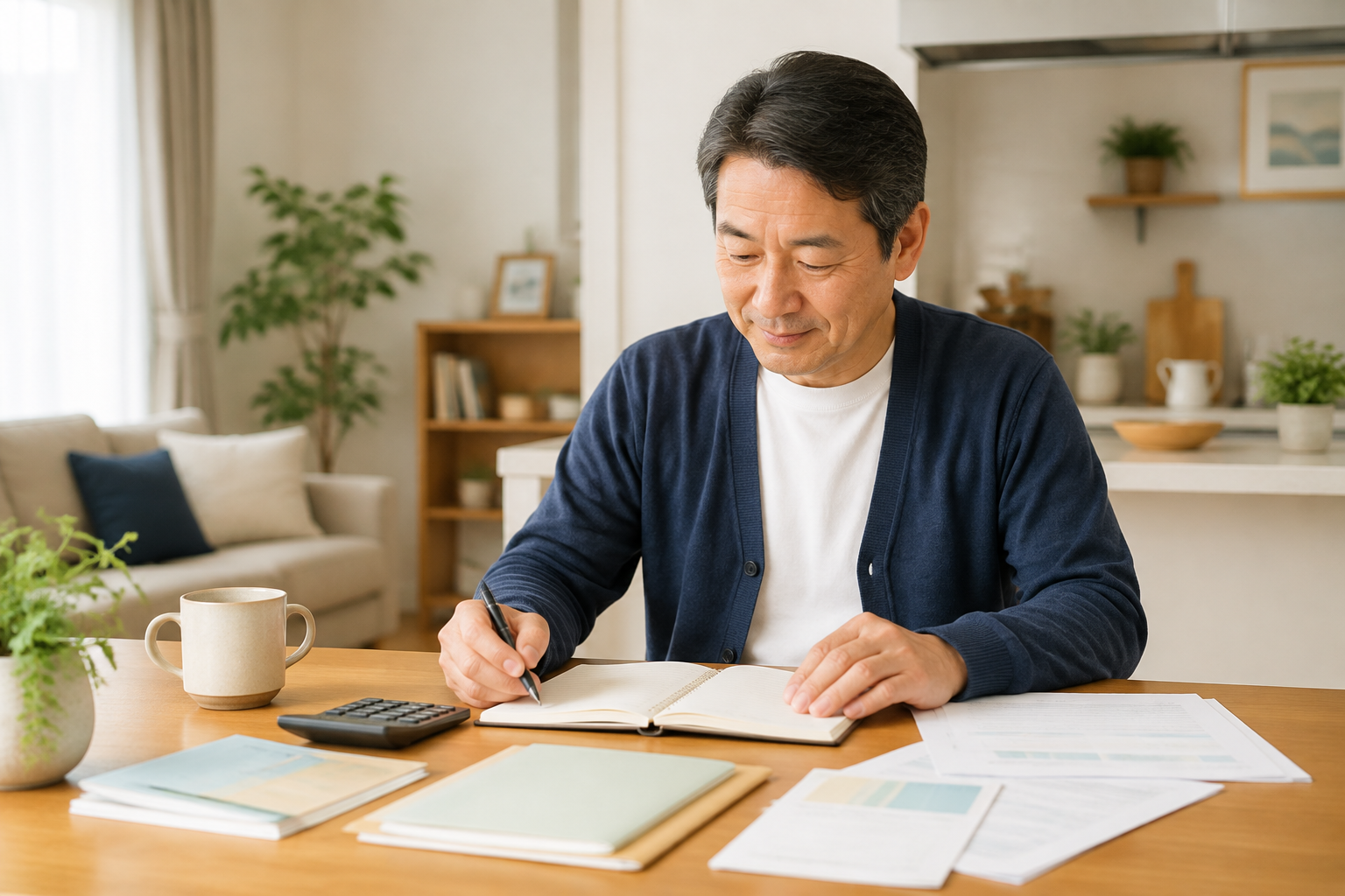 55歳の男性が家計簿と電卓で老後のお金を確認している様子