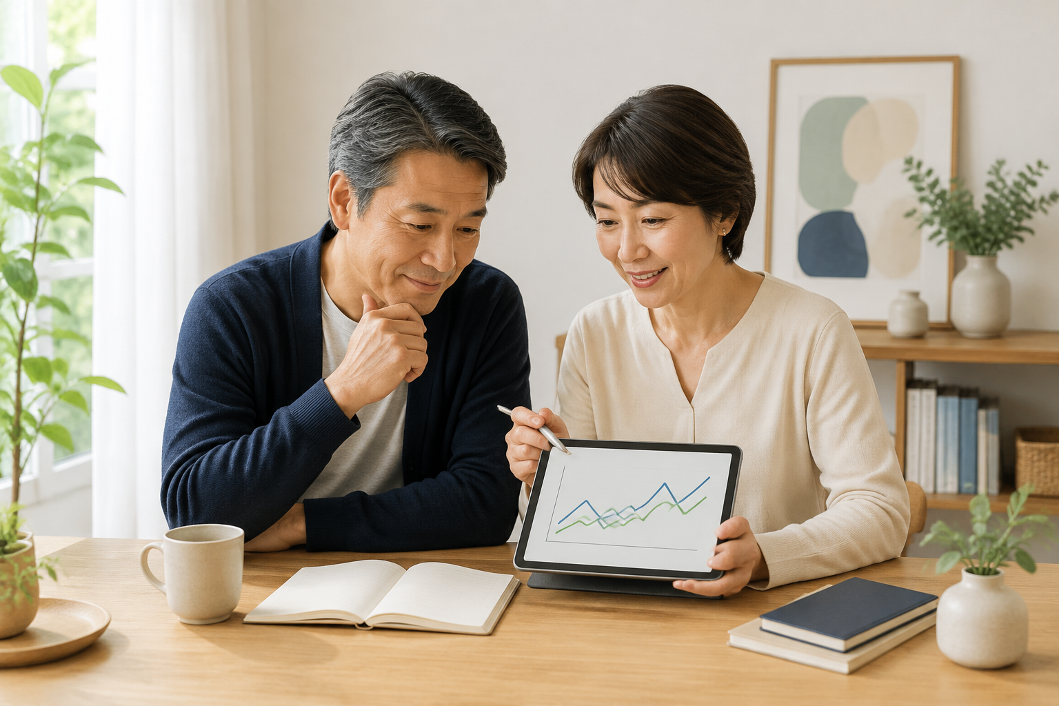 50代の夫婦がタブレットを見ながらNISAを学んでいる様子