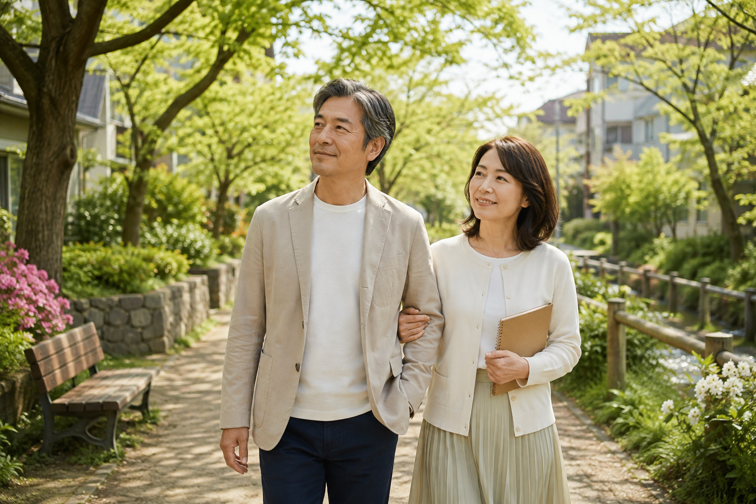 50代の夫婦が将来のお金について話しながら歩いている様子