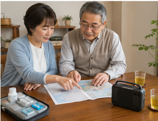 停電した夜の寝室でLEDランタンとスマートフォン充電器を使う様子