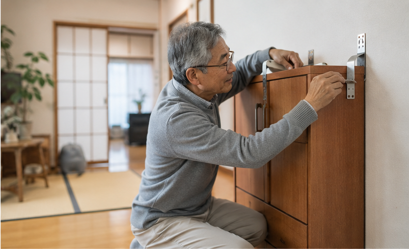 高齢の親の家で家具を固定し安全な避難経路を確保する様子