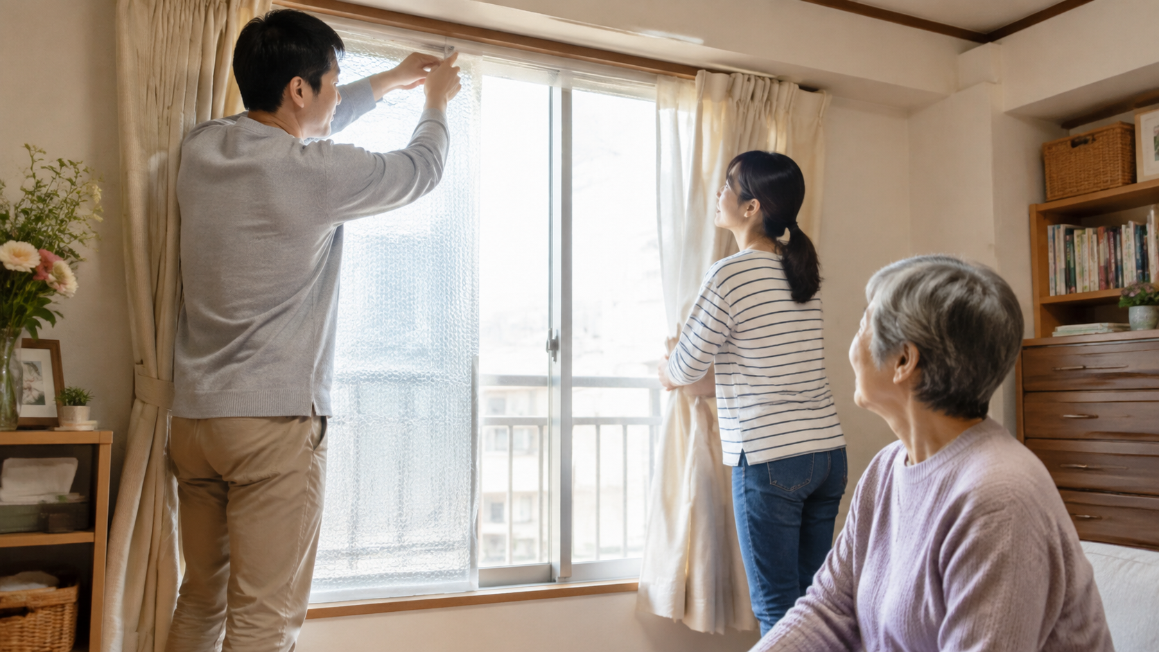窓に遮熱カーテンと断熱シートを取り付ける住環境対策