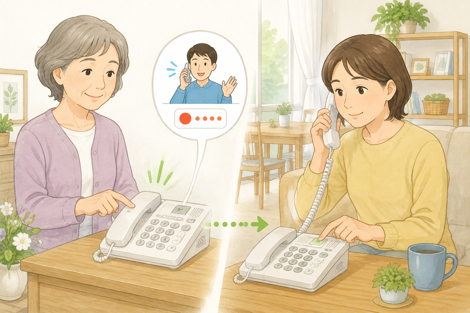 固定電話を留守番電話にして使う親子