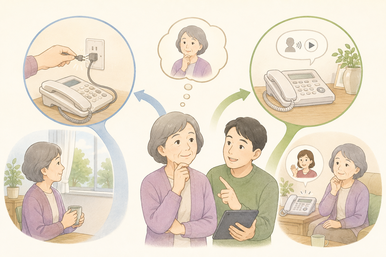 固定電話を解約するか留守番電話で使うか考える親子