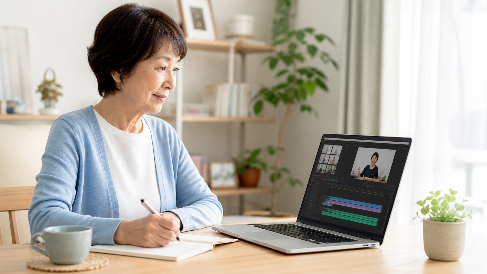 自宅で動画編集講座を学ぶシニア