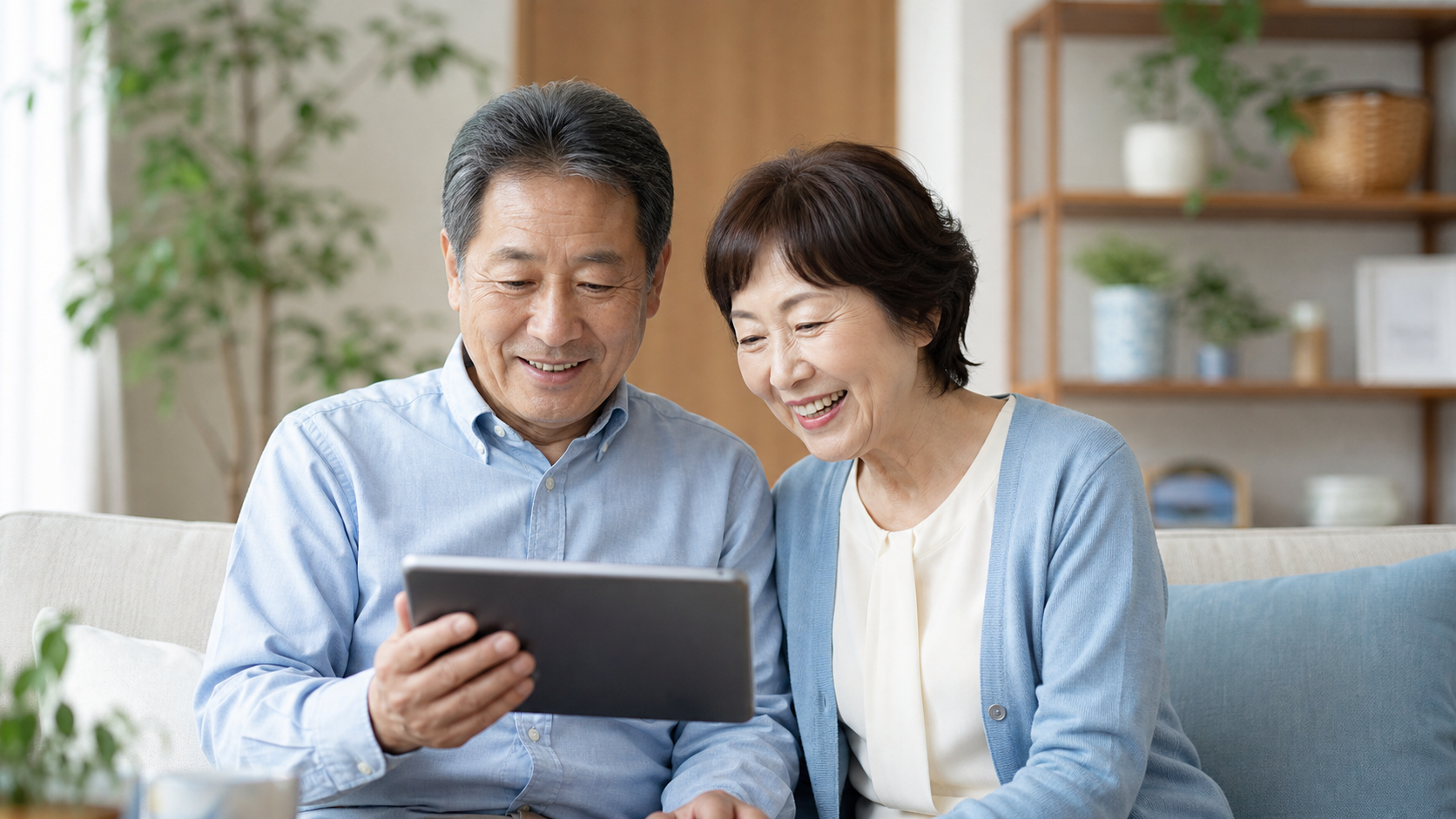 完成した家族動画を楽しむシニア夫婦
