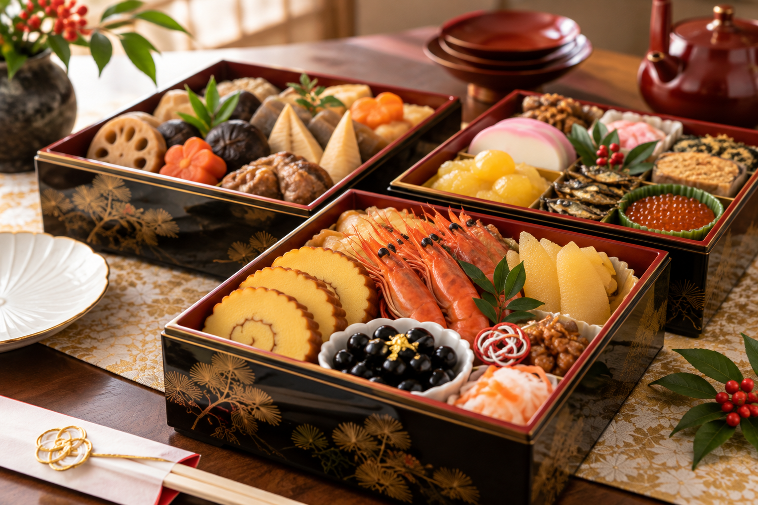 三段重のおせちを食卓に並べた様子