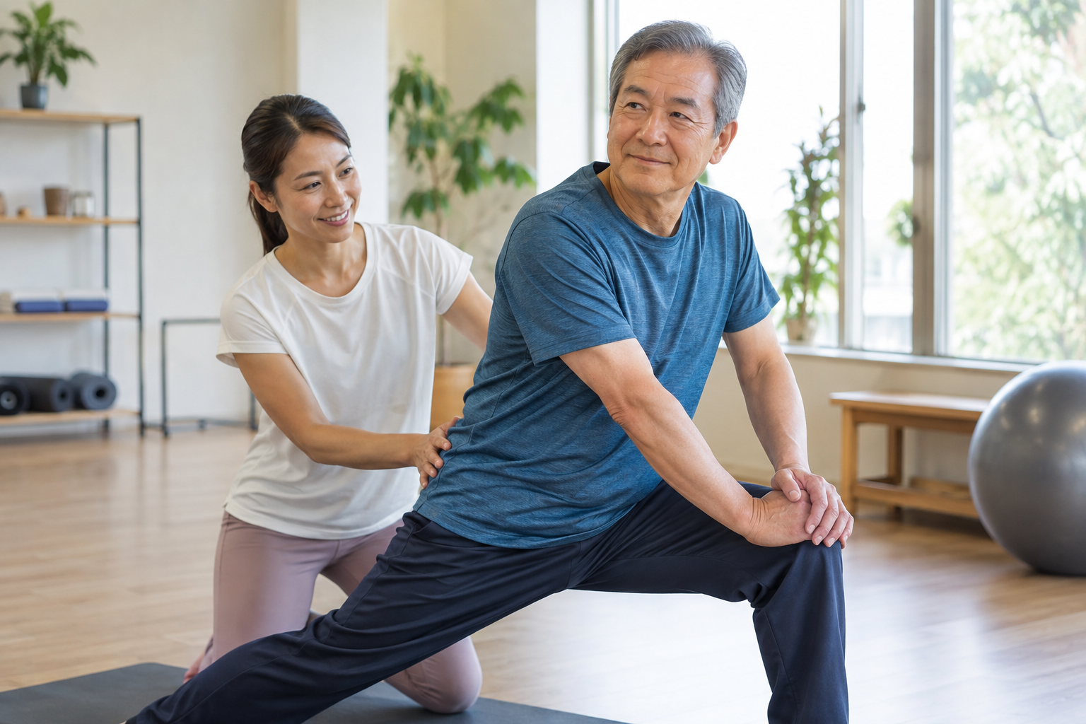 トレーナーのサポートでシニア男性がストレッチしている様子