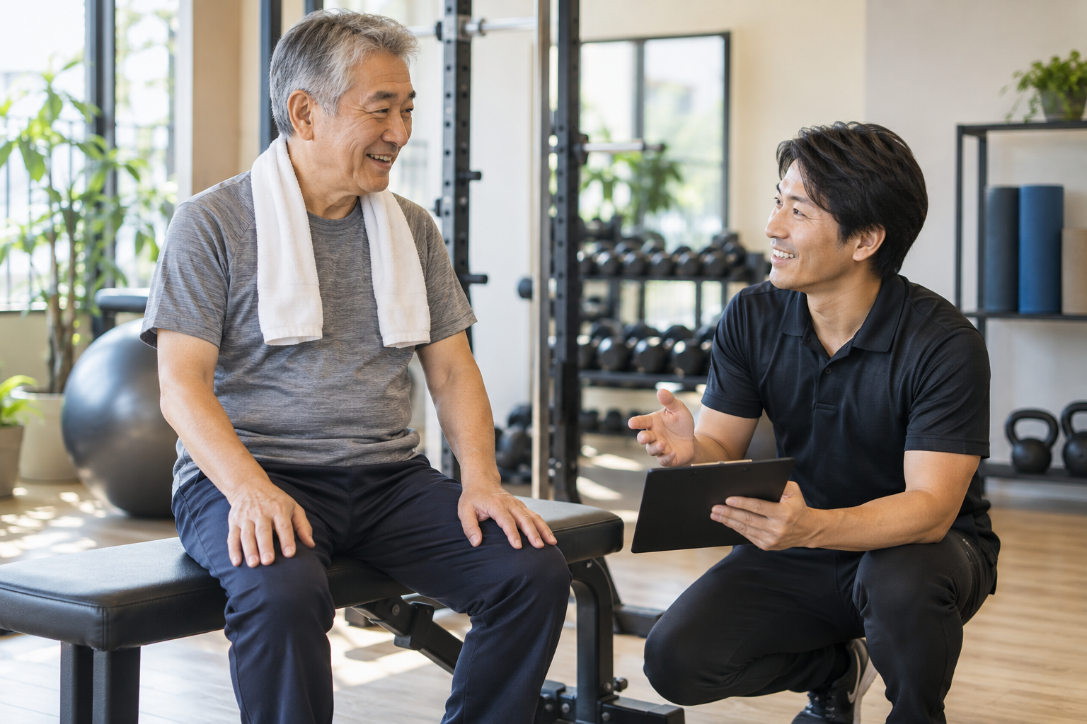 シニア男性がトレーナーから運動方法の説明を受けている様子
