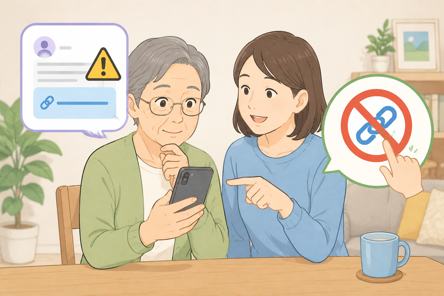 SMS詐欺のリンクを開かないよう確認する親子