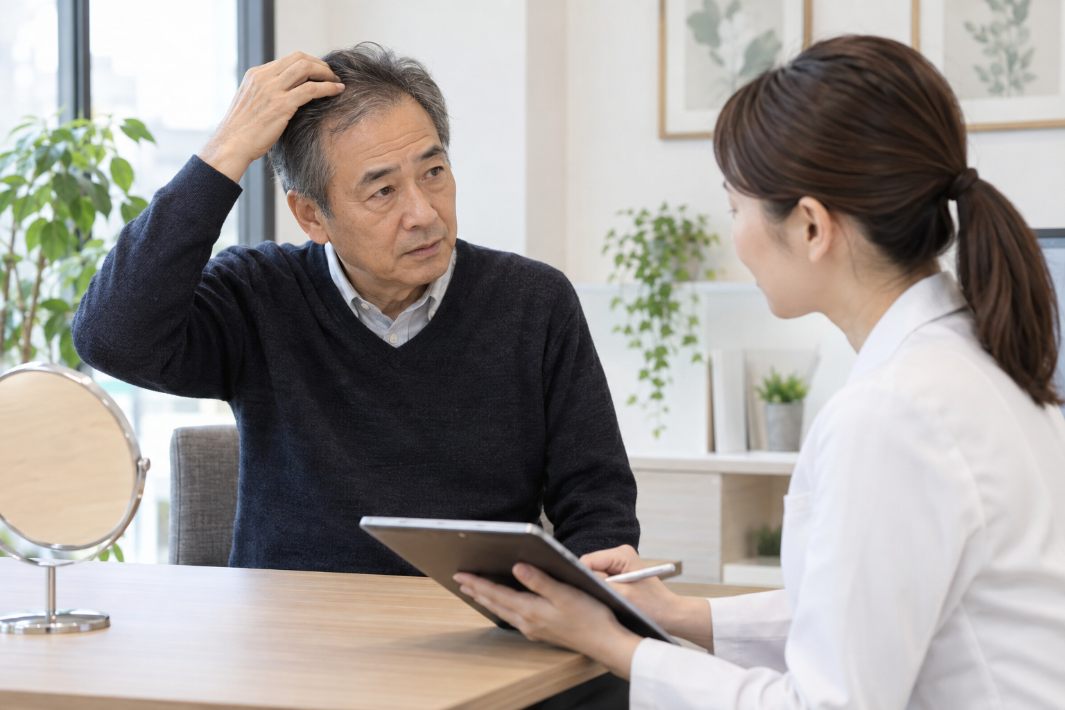 自毛植毛について相談する男性