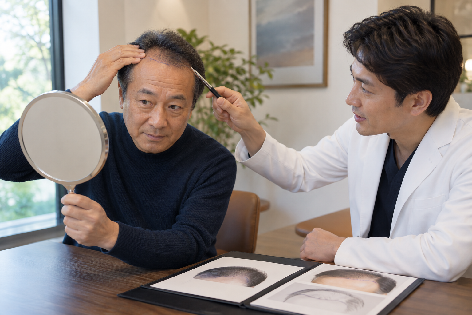 自然な生え際のデザインを相談する様子