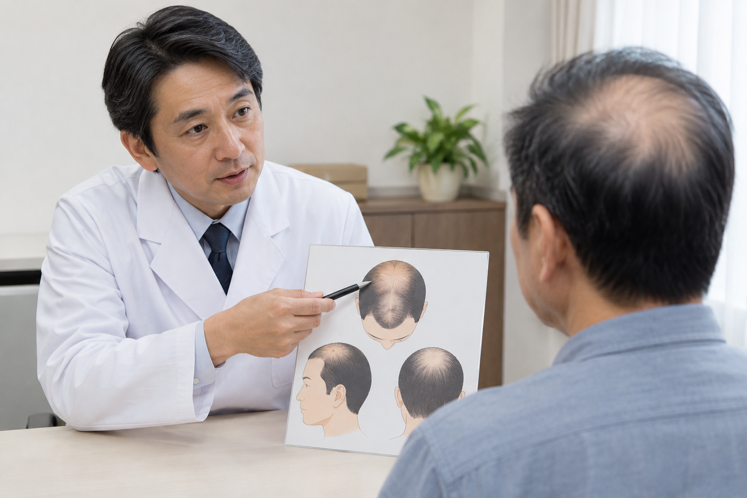 医師から植毛範囲の説明を受ける患者