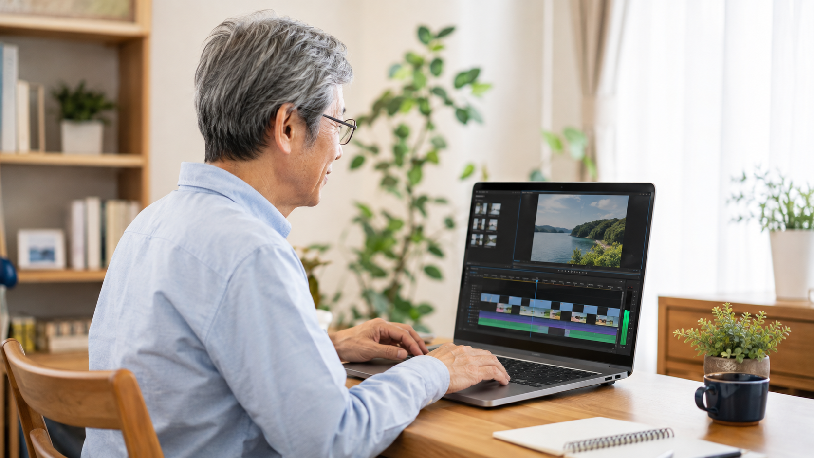 60代の人がノートパソコンでYouTube動画を編集しているイメージ